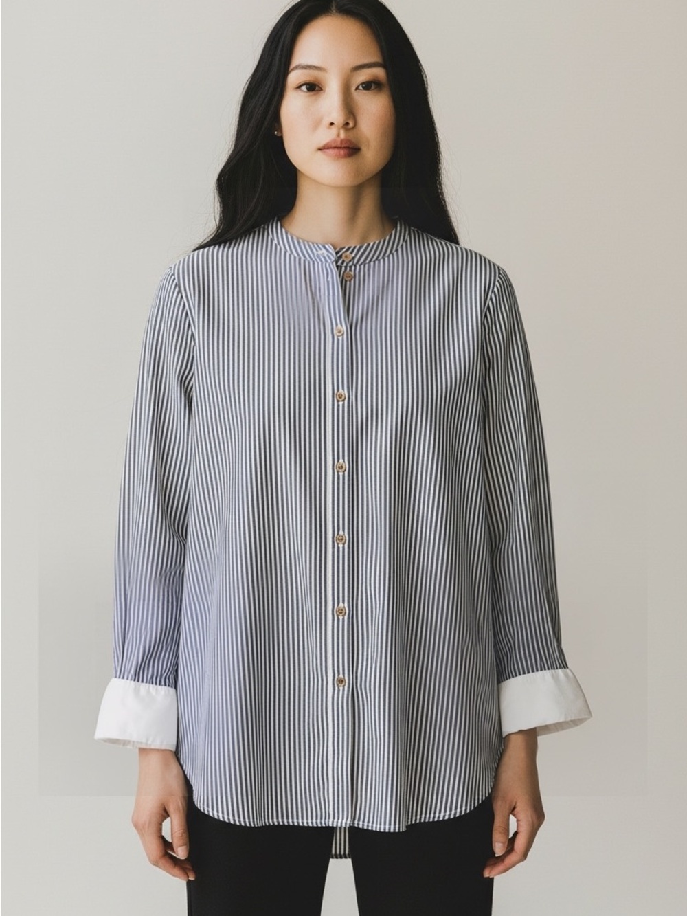 Michael Stars Navy & White Vertical Stripe Button-Up Blouse